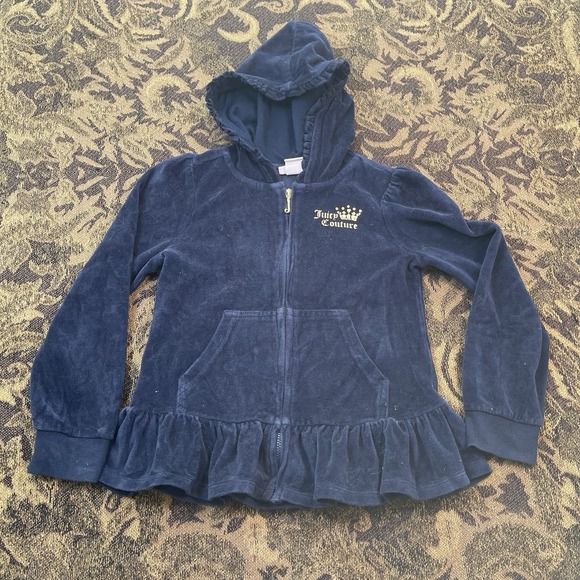 Vtg Y2K Juicy Couture Full Zip Up Hoodie Girls Size 6 Navy Blue Riveted Terry - Picture 3 of 8
